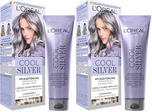 L'Oréal Paris Haarfarbe, Anti-Gelbstich, Farbveredelnde Pflegetönung mit Ceramiden, Für dunkelgraues Haar, Cool Silver, Farbe: Silber Metallic (Packung mit 2)