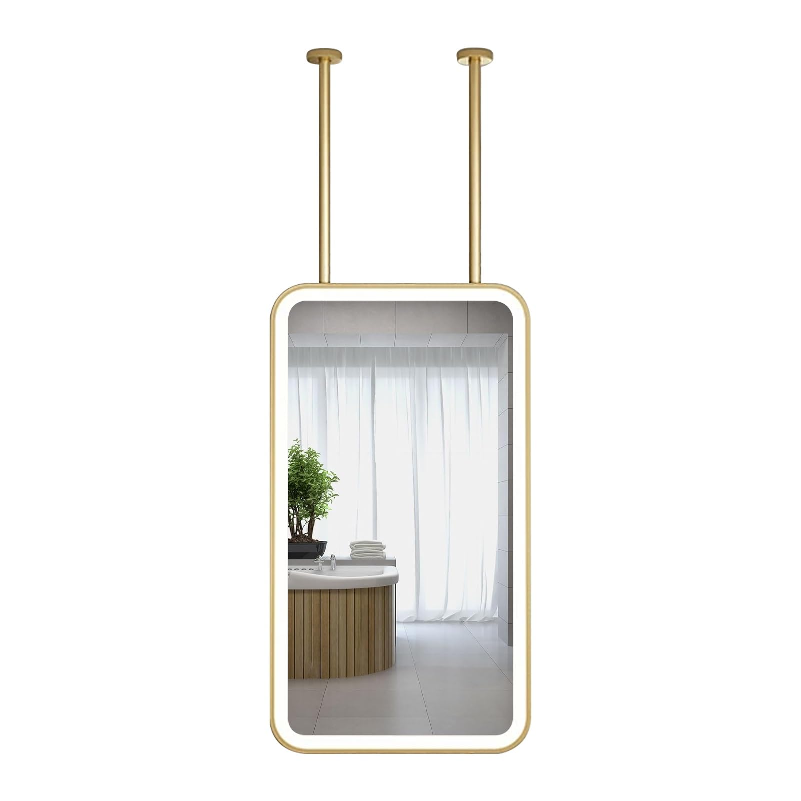 GLJTUO Rectangle Ceiling Mounted with LED Lights,Suspended Vanity Makeup Metal Frame and Hanging Rod,Touch Screen Control Wall Mirror,Gold,size_name-50L x 70W cm