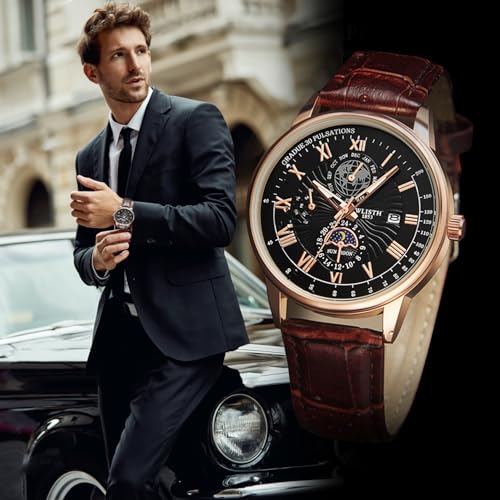Image of Oligitdi Mens Watches Chronograph Quartz Date Calendar Stainless Steel Waterproof Luminous Business Wrist Watch (Brown)