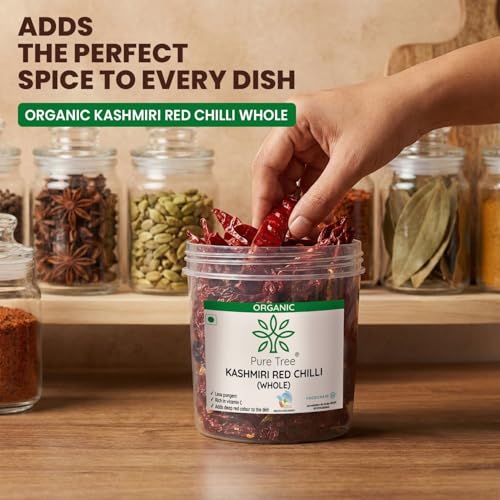 Image of Pure Tree Certified Organic Kashmiri Lal Mirch | 100 g | Jar | Red Chilli Whole | Sabut Lal Mirch | Kashmiri Chilli Lal Mirch Whole Strong Smoky Spice | Dry Red Chilli Whole