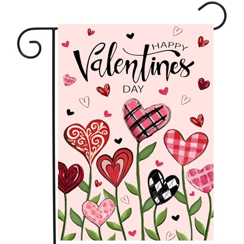 Happy Valentines Day Garden Flag Love Heart Floral Banner 12x18 Inch Double Sided for Outside Spring Holiday Anniversary Yard Decorative