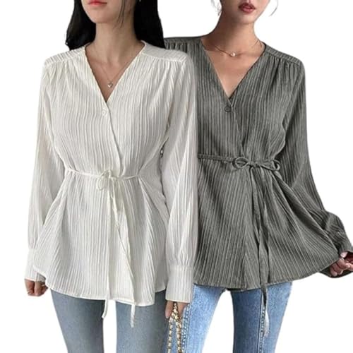 Image of Leriya Fashion Women's V-Neck Pleated Tunic Top - Long Sleeve Drawstring Waist Summer Blouse, Lightweight Casual Shirt for Office, Travel, Daily