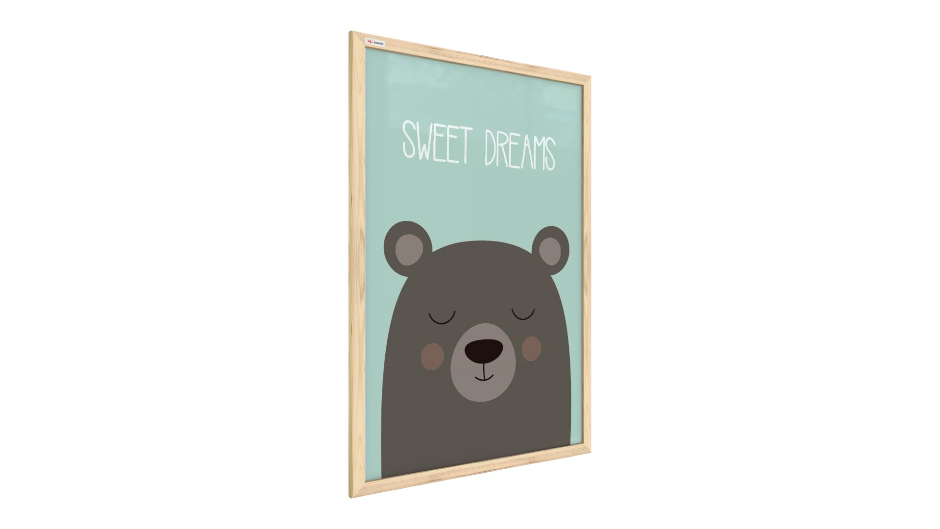 ALLboards Teddy Bear ‘Sweet Dreams,’ whiteboard, Pastel Colours, 60x40cm, in a Frame Made of Natural Wood