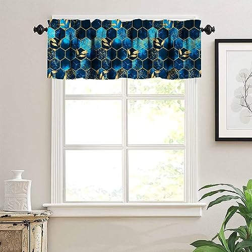Image of Sky Blue Honeycomb Marble Window Valance Curtain, Abstract Green Marble Hexagon Texture Golden Leaves Window Treatment Valances for Kitchen Living Room Cafe Decor 54'x18', 1 Panel