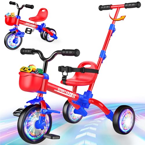 Kkdi 5 in 1 Toddler Bike for 1-5 Year Old, Tricycle with Push Handle, Convertible Baby Balance Bike, Bicycle, Color Light Wheel & Detachable Pedal, 4-Position Seat, Boys Girls Birthday Gift, Toy