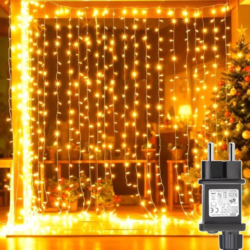 yowin Tenda Luminosa Natale 300 LED 3x3m Luci Natale Esterno con Spina, Timer, 8 Modalità Addobbi Natalizi per La Casa Impermeabile Cascata Luci per Finestra Balcone Festa Interno Esterno Decorazioni