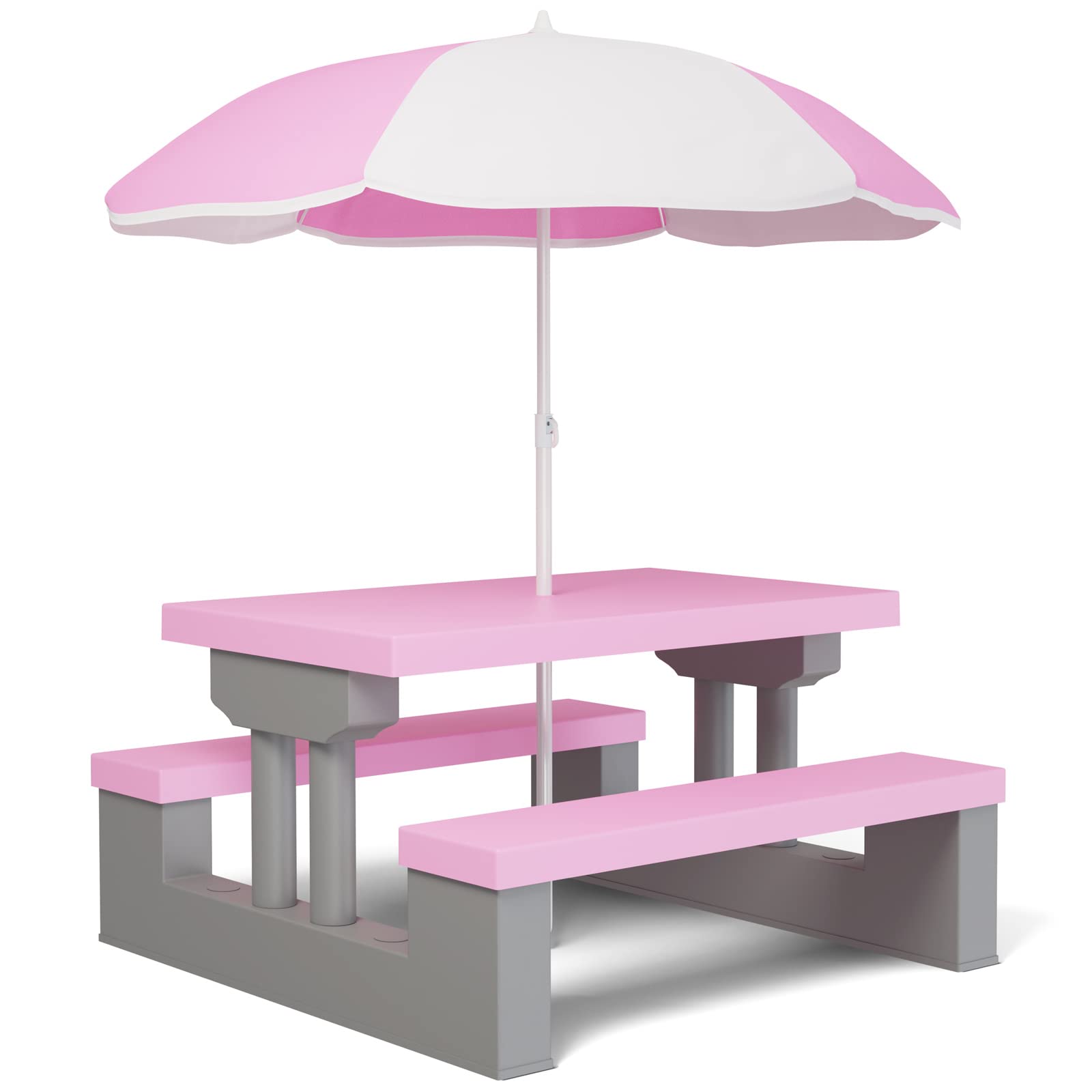 Spielwerk® Set Tavolo e 2 Panche per Bambini con Ombrellone da Giardino Sistema a Incastro in Plastica ABS Rosa Sedie Picnic Esterno Cameretta Interno Bimbi Giochi