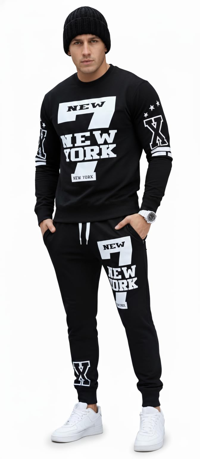 Fleece Jogging TrackSuit for Men | Modern Graphic Print | Insulating Warmth for Cold Weather | Athletic Training & Everyday Casual Wear | Black | XL-image-4