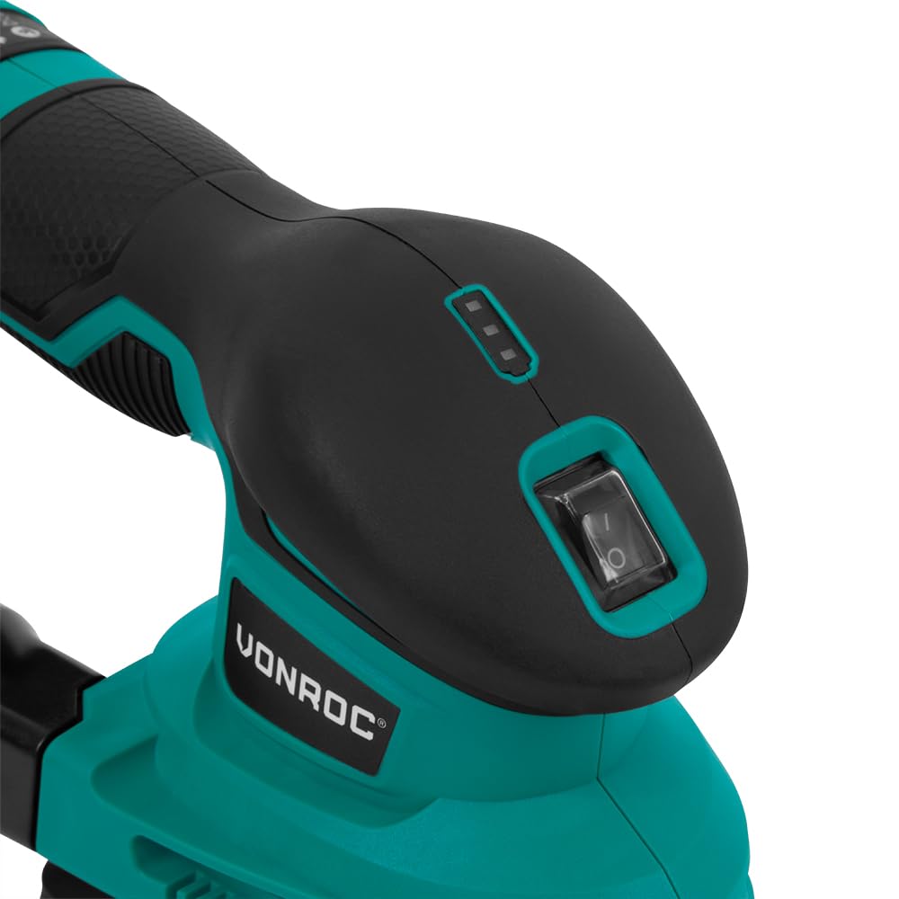 VONROC Ponceuse Delta 12V Verte – Compacte & Ergonomique pour Coins et Détails – avec Batterie 2.0Ah, USB-C, Sac à Poussière et Abrasifs – Ponçage Bois, Peinture, Meubles