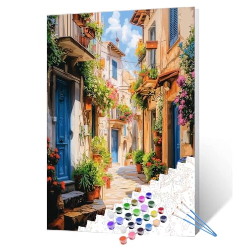 Image of Tucocoo Sunlight Scenery Paint by Number for Adults on Canvas Acrylic Pigment Brushes Clouds DIY Oil Painting Kits for Kids Beginner Italy Street Home Wall Decor for Living Room16x20inch Frameless
