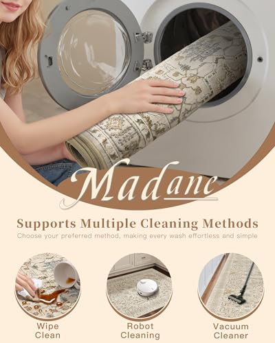 Madane Washable Area Rug 2x3, Small Entryway Rug Non-Slip Vintage Door Mat Indoor Entrance, Low Pile Floor Carpet for Inside Front Door Bedroom Kitchen Entry Laundry (2'x3', Beige/Blue)