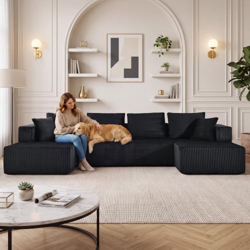 Image of 132 inch Boneless Couches for Living Room, U Shaped Modular Sectional Corduroy Comfy Cloud Memory Foam Deep Seat Boneless Sofa, No Assembly Required Couch for Living Room with Double Chaise, Black