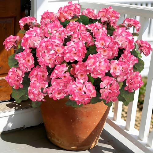 Image of Bassion Artificial Flowers for Outdoors, 6 Pcs Pink Fake Geraniums | UV resistant, silk flowers, realistic artificial geraniums, planter window box balcony outdoor garden outside decoration
