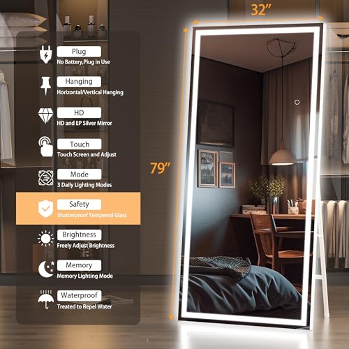Hasipu Oversized 79” x 32" Full Length Mirror with Lights, LED Lighted Floor Standing Mirror, Full Body Dressing Hanging Mounted Mirrors, Dimmable, Tempered Glass, Safe to Use, Square White - Image 3