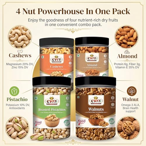Image of EVRR Dry Fruits Combo 1kg (4 x 250g) | California Almonds, Cashews, Roasted Pistachios, Walnut Kernels | Premium Protein-Rich Mixed Nuts | Crunchy Fresh Healthy Snacks for Fitness, Weight Loss, Gifting, Festive Hampers, Kids, Adults | Non-GMO Vegan (1 kg)