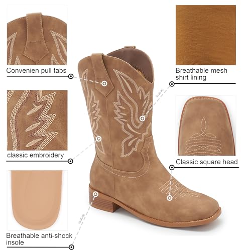 Image of Cowgirl Boots Square Toe Cowboy Boots For Women Ladies Mid Calf Low Heel Flat