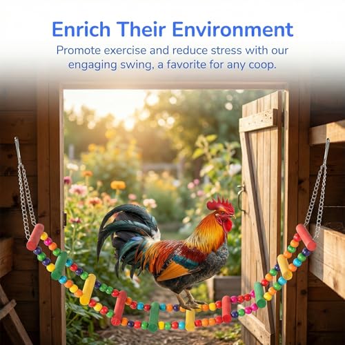 Image of Complete Chicken Toys Set of 9 - All-in-One Chicken Coop Accessories with Xylophone, Swing, Chicken Mirror, Ladder, Vegetable String Bag & Hanging Feeder Coop Toy for Happy Hens