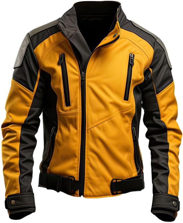 Men’s Yellow & Black Leather Motorcycle Jacket – Tactical Biker Coat with High Collar & Racing Design