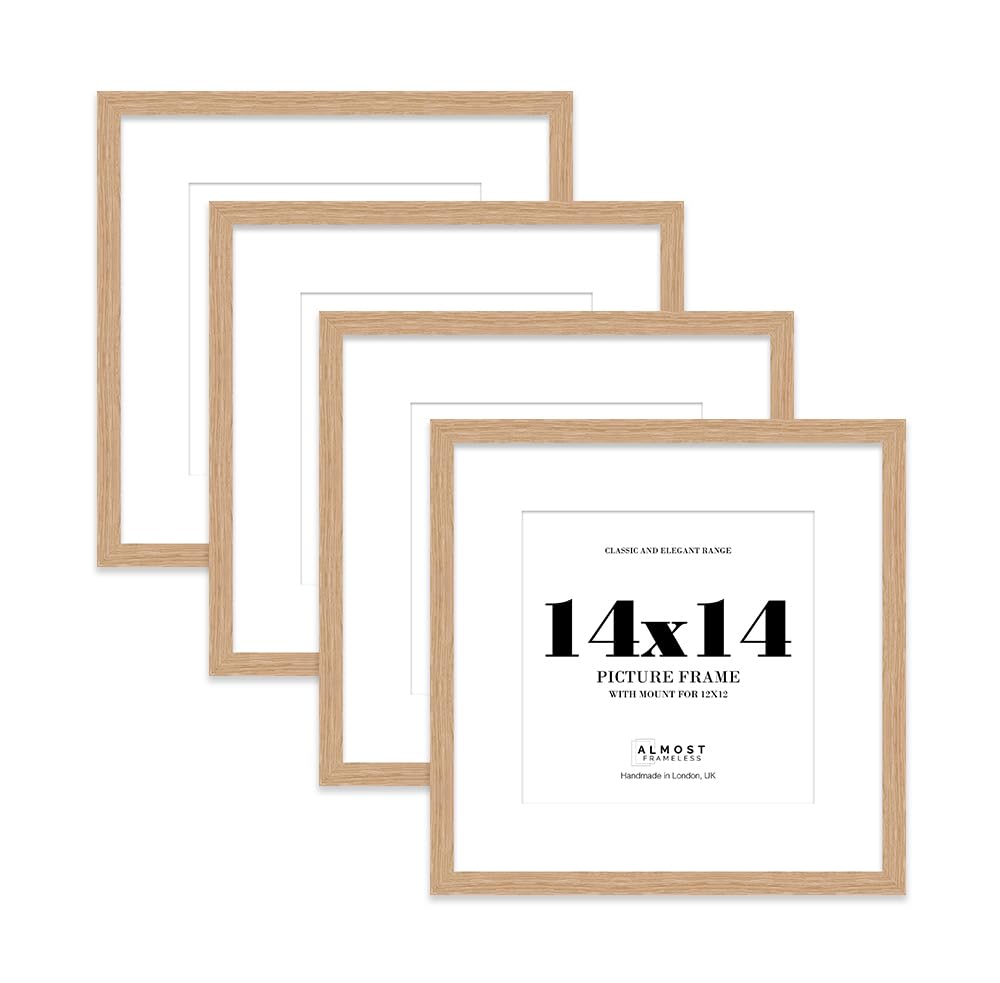 14x14 Oak Picture Frame with Mount for 12x12 Photos, Prints - Modern Square Wall Frame, Set of 4