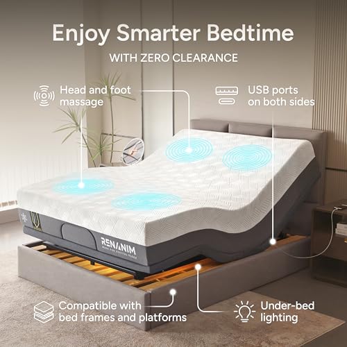 Image of SFE Split King Adjustable Bed Frame with Mattress - 14 inch Gel Memory Foam - Zero Clearance, Electric Massage, Wireless Remote for Head & Foot Lift, Zero Gravity - Underbed Lights & 4 USB Ports