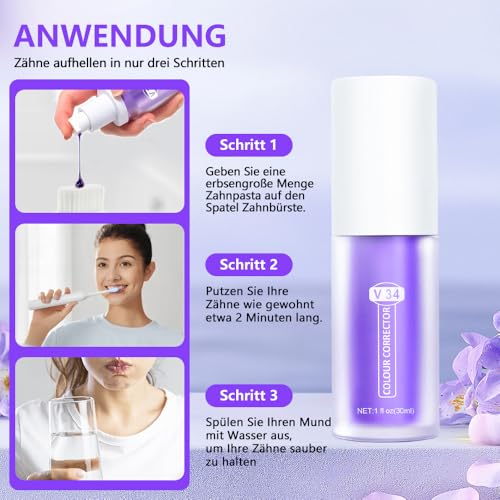 Zahnpasta Weisse Zähne,Purple Teeth Whitening Toothpaste,Zahnfleckenentfernung,Zahnfleisch Reparatur,Frischer Atem