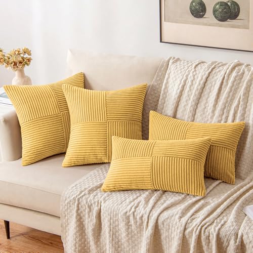 Image of MIULEE Golden Mustard Decorative Throw Pillow Covers 16x16 Inch for Couch Bed Sofa Pack of 2 Boho Farmhouse Throw Pillows Soft Cross Corduroy Patchwork Textured Cushion Cases