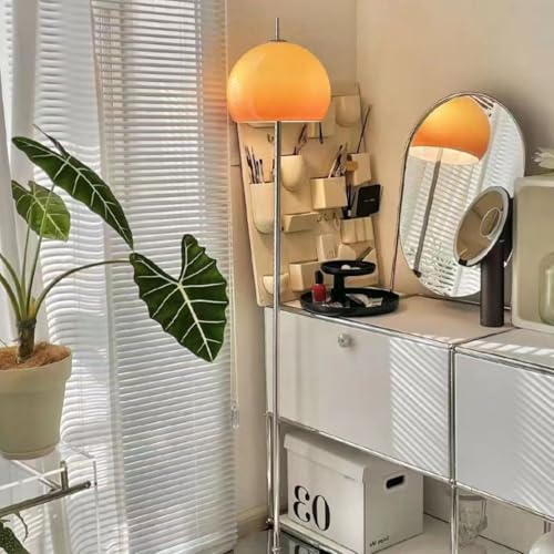 Agteruo Contemporary Floor Lamp Orange Glass Bauhaus Standing Lamp Mushroom Dome Shaped Art Deco Lamp Tall Mid-Century Modern Lamps for Living Room Bedroom - Silver Base