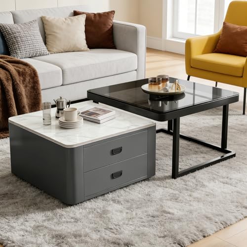 Juego de 2 mesas de café con cajones de almacenamiento, mesa central moderna con losa de roca y vidrio templado para sala de estar, oficina o balcón