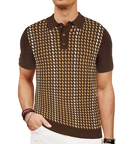 PJ PAUL JONES Men 1950s Polo Shirts Houndstooths Retro Button Down