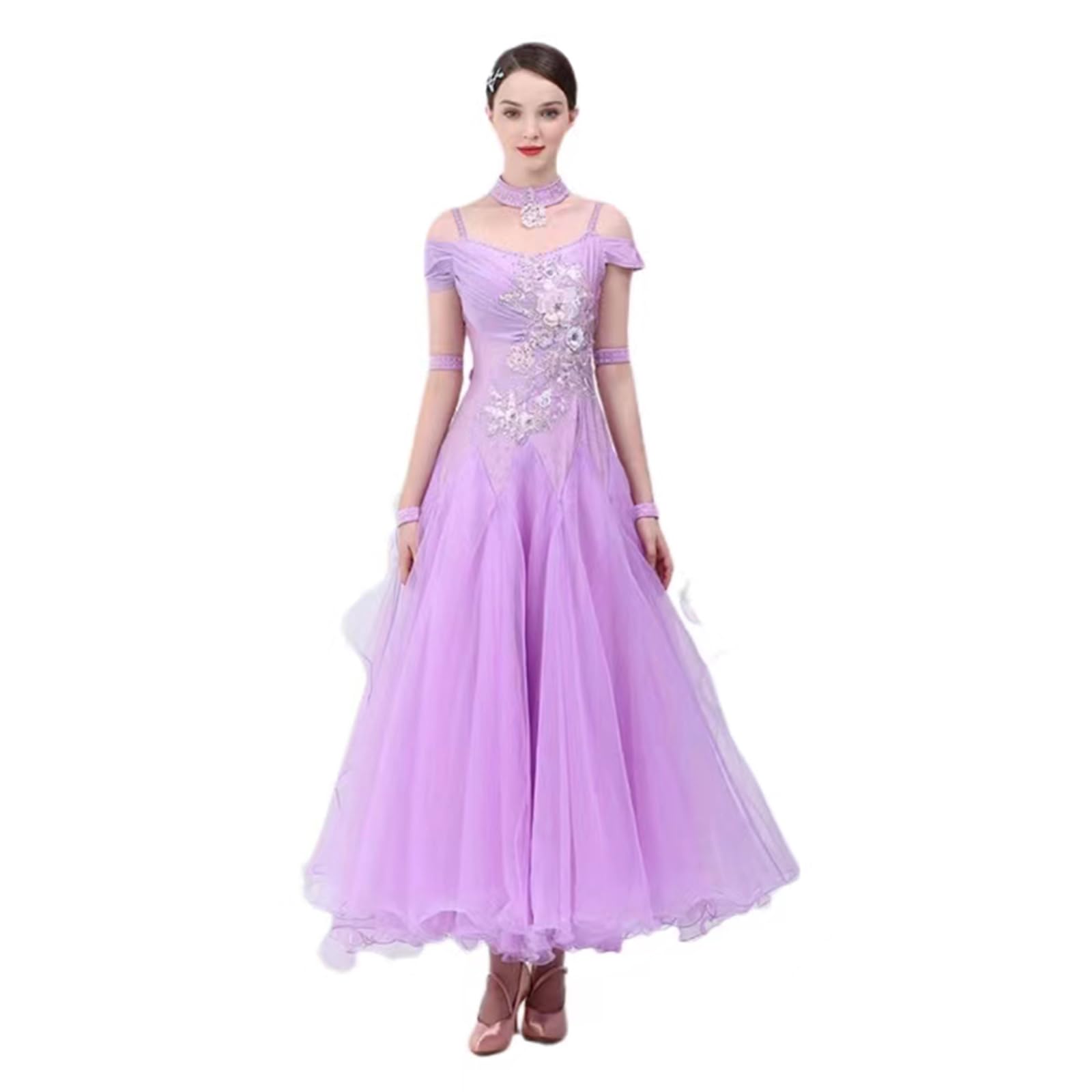 CHAGME Ballroom Dress Standard Ballroom Dance Competition Dress Viennese Waltz Dress for Women,Light Purple,3XL