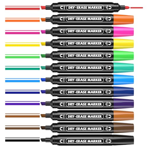 AKARUED 12 Colorful Dry Erase Markers: Dual Tip Dry & Wet Erase Marker With Thick Chisel& Bullet Tip, Double Sided Vibrant Whiteboard Markers for Whiteboard,Glass Board,Home,Office,Classroom Must-Have
