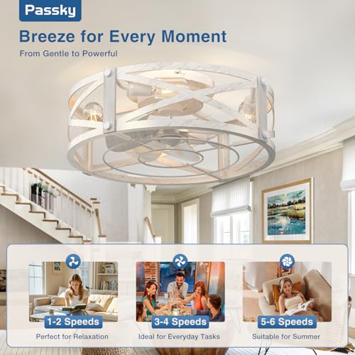 Image of Passky 20 inch Farmhouse Flush Mount Ceiling Fans with Lights and Remote, Industrial White Caged Low Profile Fandelier, 6 Speeds Bladeless Ceiling Fan for Bedroom, Kitchen, Living Room