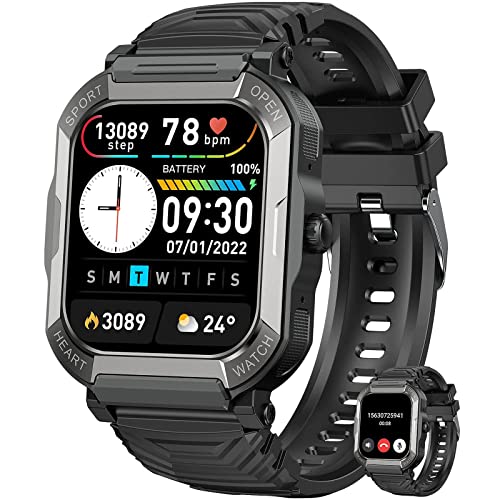 Smart Watches for Men, 1.91'' HD Fitness Activity Tracker Watch with Blood Pressure/Heart Rate Monitor/Blood Oxygen, IX68 Waterproof black Military Outdoors Sport Watch Compatible with iOS and Android