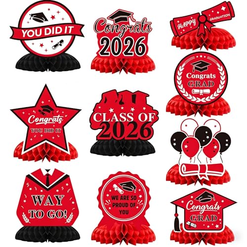 Image of Graduation Decorations 2026, 10PCS Graduation Centerpieces for Table Red Black Graduation Party Decorations Class of 2026 Congrats Grad Honeycomb Centerpieces Table Decor for Graduation Party Supplies