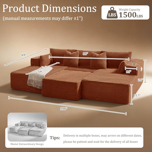 Image of 108 inch Cloud Sectional Couch, Comfort Sleep Sofa for Living Room, Extra Deep Seats No Assembly, Minimalist Modular Couch, Corduroy (Deep Orange, Widen Loveseat Chaise)