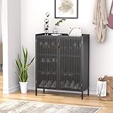 Bamboonova Shoe Cabinet, 20 Pair Farmhouse Shoe Organizer Cabinet, Freestanding Bamboo Wood Shoe Storage Cabinet with Grille Doors, 5-Tier Narrow Shoe Cabinet for Entryway Hallway, Black