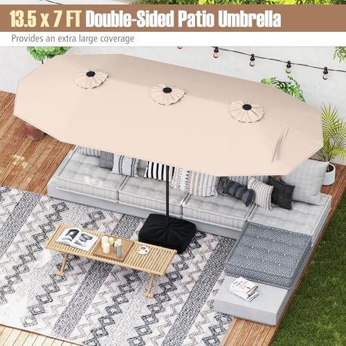 Image of Tangkula 13FT Double-sided Patio Umbrella, Extra Large Twin Table Umbrella with Crank Handle, Umbrella Base, Safety Lock, Air Vent, Outdoor Market Umbrella for Garden Pool Backyard (Beige)