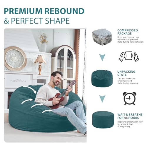 5FT Bean Bag Chair, Large Bean Bag Chairs with Memory Foam Filled, Fluffy Beanbag Sofa with Dutch Velvet Cover, Round BeanBag Chairs for Living Room, Playroom- Sea Blue
