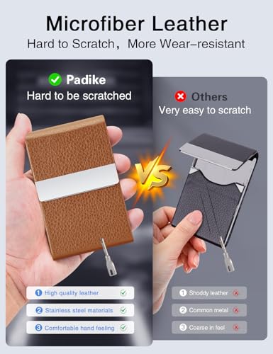 Image of Padike Leather Business Card Holder Metal Business Card Case Slim Professional Name Card Holder with Magnetic Shut (Apricot)