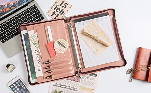 Azxcg Portfolio For Women, 3 Ring Binder Padfolio, Vegan Leather Office Binders Portfolio, Zippered Business Binder Folio Organizer, A4 Legal Pads Clipboard Padfolio, Gift For Women/Girls, Pink #TOP1