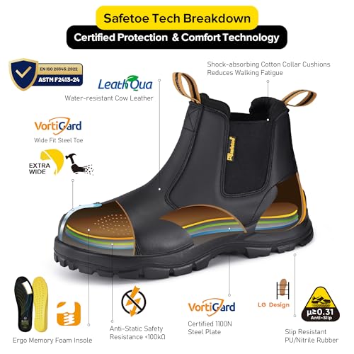 Image of Mens Work Boots Steel Toe Chelsea Safety Boots Cow Leather Waterproof Lightweight Working Shoes