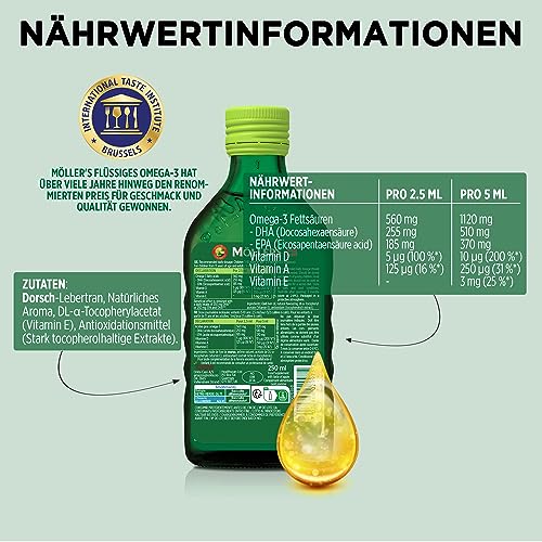 Möller's Omega 3 Lebertran | Nahrungsergänzung mit EPA, DHA, Vit A, D und E | Hochreiner natürlicher | 165 Jahre alte Marke | Superior Taste Award | Apfelgeschmack | 250 ML
