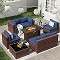 VONZOY Patio Furniture Set with 44'' Propane Gas Firepit Table, 8 PCS Outdoor Sectional Conversation Sets with High Back, Navy Blue (Waterproof Cover Included)