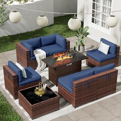 VONZOY Patio Furniture Set with 44'' Propane Gas Firepit Table, 8 PCS Outdoor Sectional Conversation Sets with High Back, Navy Blue (Waterproof Cover Included)