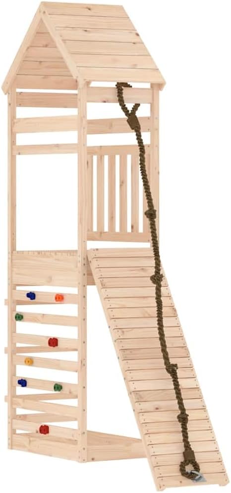 Natural Pine Solid Wood Large Durable Playhouse with Climbing Wall and Sandpit Area for Outdoor Fun, Spacious Design for Up to Three Children, Rustic Wooden Structure