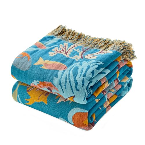 Image of MSGKV Boho Throw Blanket 50 inchx60 inch 100% Cotton Ocean Blanket for Couch