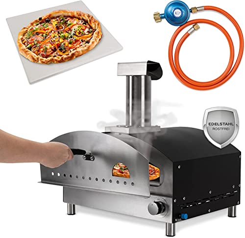 Heidenfeld Four à pizza au gaz Venezia | 500 °C, pierre à pizza, four extérieur en inox, vitre, cheminée avec capuchon de pluie