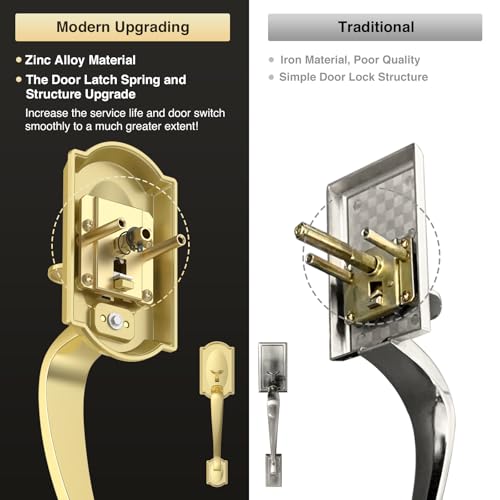 Image of Front Door Lock Set, Gold Front Door Handle and Deadbolt Set, Vintage Exterior Door Lock Set, Front Door Handle with Single Cylinder, Reversible for Right & Left, Satin Brass
