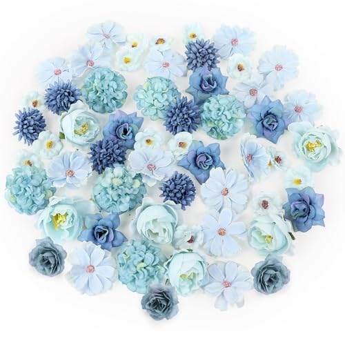 LARDUX 60 PCS Artificial Flower Heads- Mini blue fake flowers Silk Flower for Crafts decorations for Wedding Bridal Baby Shower Home DIY Party Decoration 2-5CM