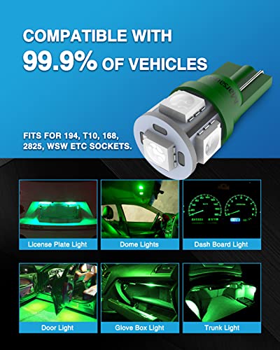 Image of Marsauto 194 LED Light Bulb Green, 168 T10 2825 LED Replacement Bulbs for Car Dome Map Door Courtesy License Plate Lights (Pack of 10)